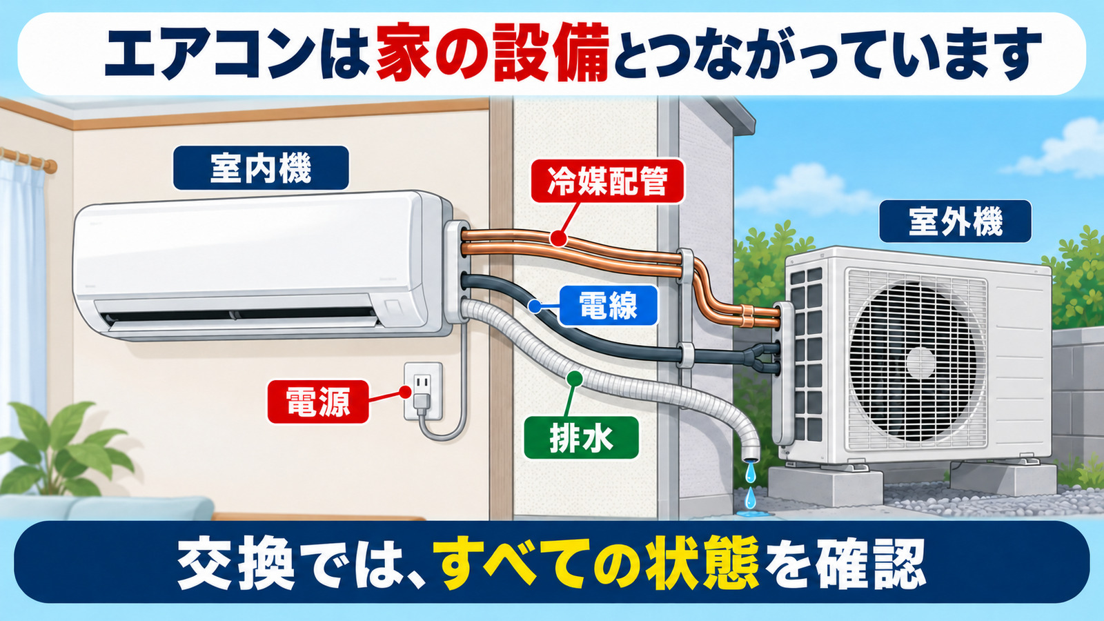 エアコンが室内機・室外機・配管・排水・電源でつながる図